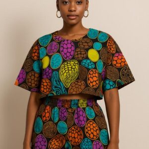 Bold Bloom Ankara Two-Piece Set – Crop Top & Shorts (Bright Multi-color)