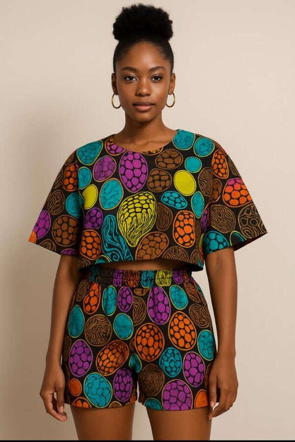 Bold Bloom Ankara Two-Piece Set – Crop Top & Shorts (Bright Multi-color)