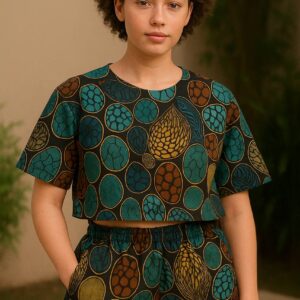 Bold Bloom Ankara Two-Piece Set – Crop Top & Shorts (Earth Tones)