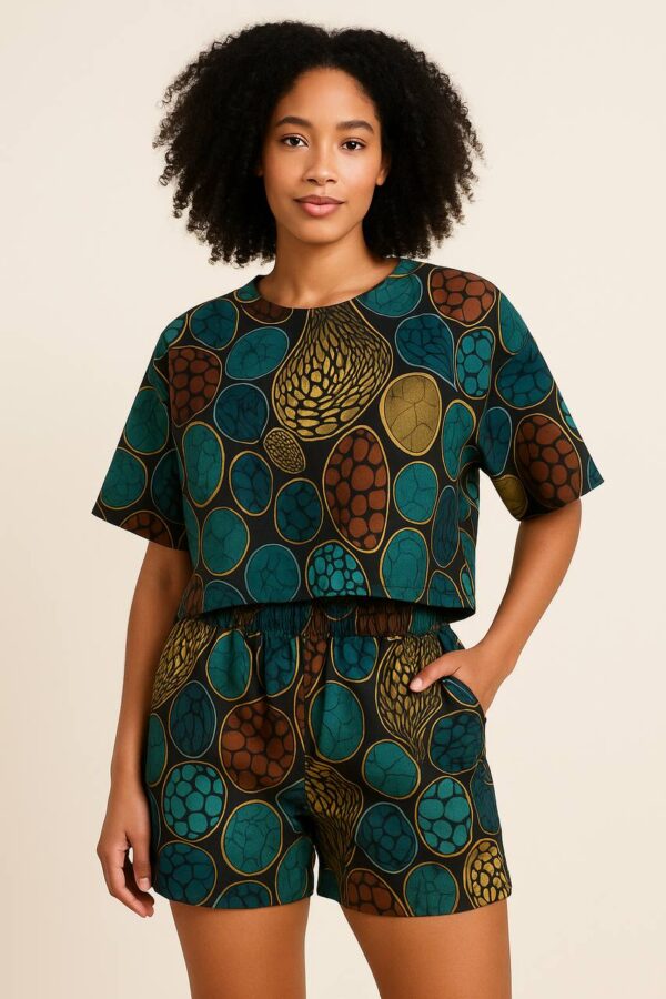 Bold Bloom Ankara Two-Piece Set – Crop Top & Shorts (Earth Tones) - Image 2
