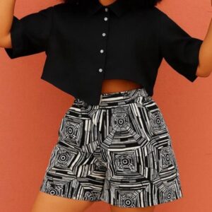 Asymmetric Black Linen Shirt & Web Ankara Shorts