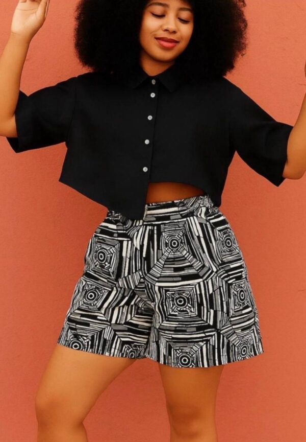 Asymmetric Black Linen Shirt & Web Ankara Shorts